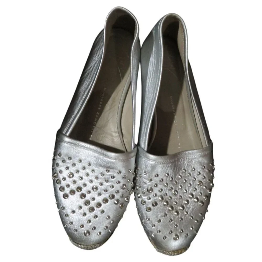 Giuseppe Zanotti Silver Metallic Italian Leather Studded Adorned Espadrilles 7